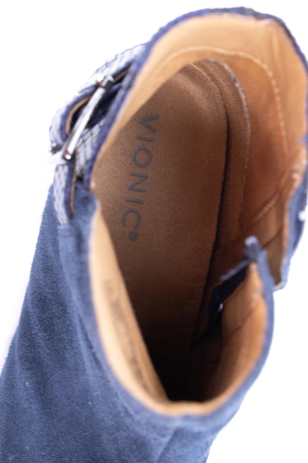 Vionic Navy Suede & Snake Print Ankle Booties – Women’s 8.5M Block Heel Zip Boot