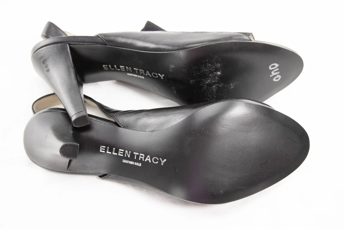 Ellen Tracy Black Leather Heels | “Josie” 8.5M Slingback Stretch Sandals | Chic
