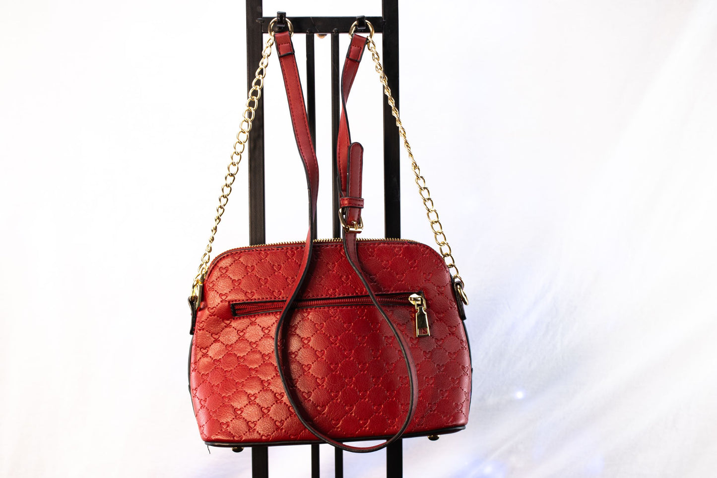 Red Quilted Bee Embellished Crossbody Bag Gold Chain Strap