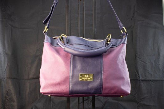 💜 JM New York Two-Tone Pebbled Leather Satchel – Plum & Navy Elegance