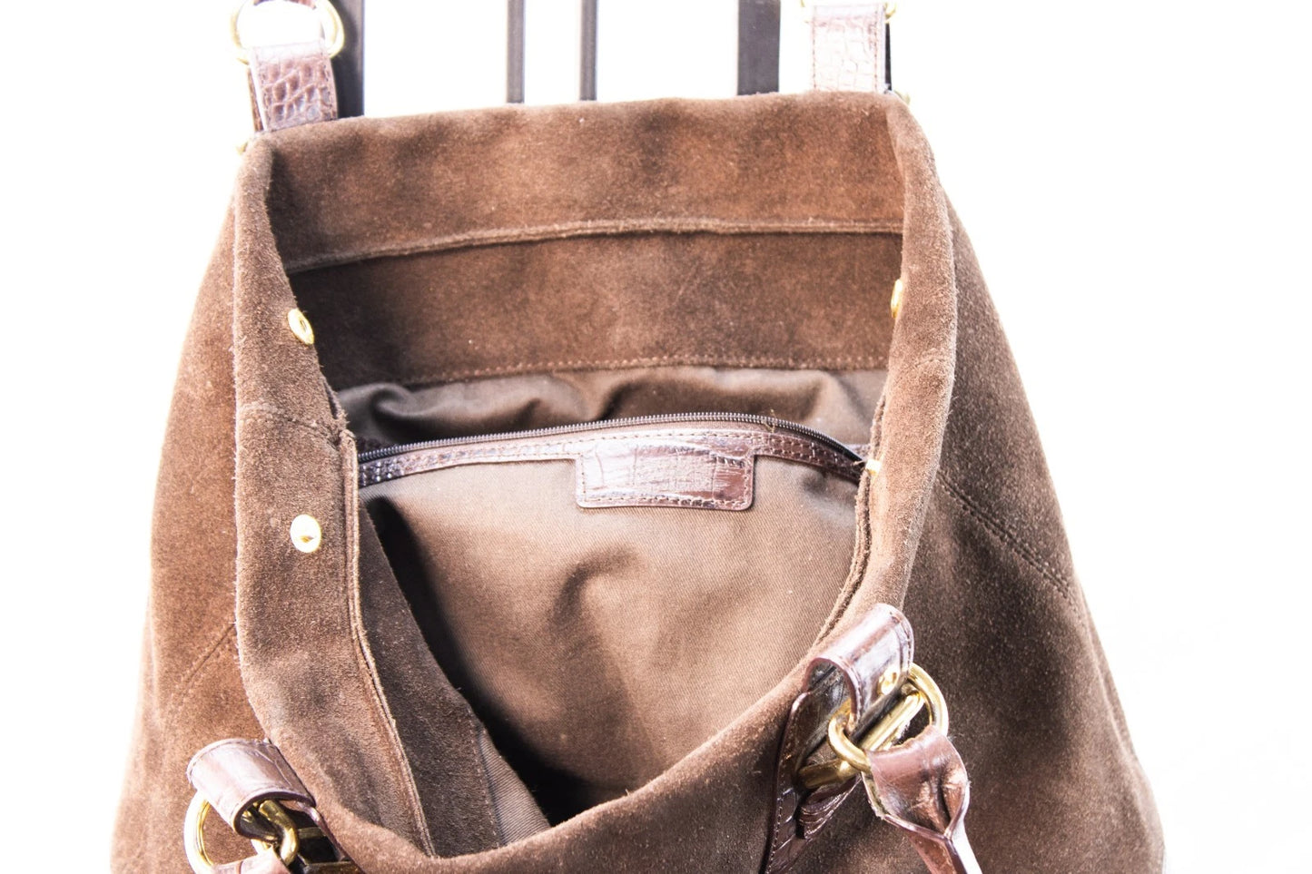 Brown Suede & Croc-Embossed Tote Bag – Large Shoulder Purse by HPHS