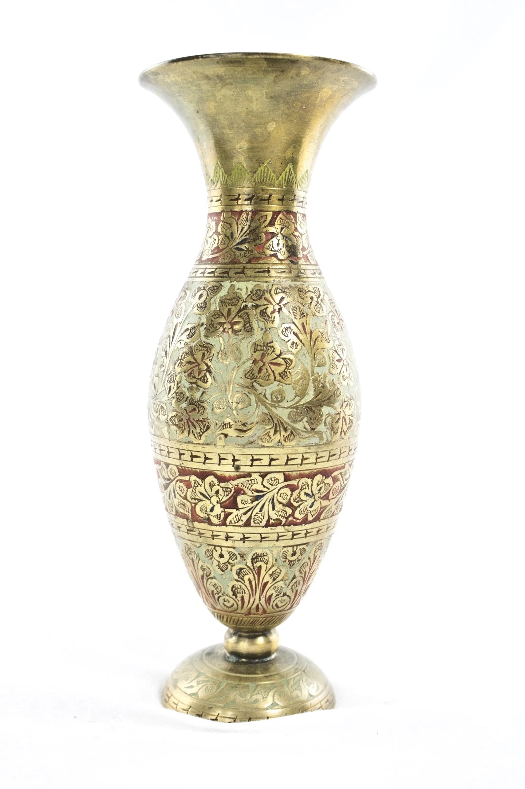 🏺 Vintage Brass Vase from India | Etched & Enamel Floral | 10” Tall Ornate