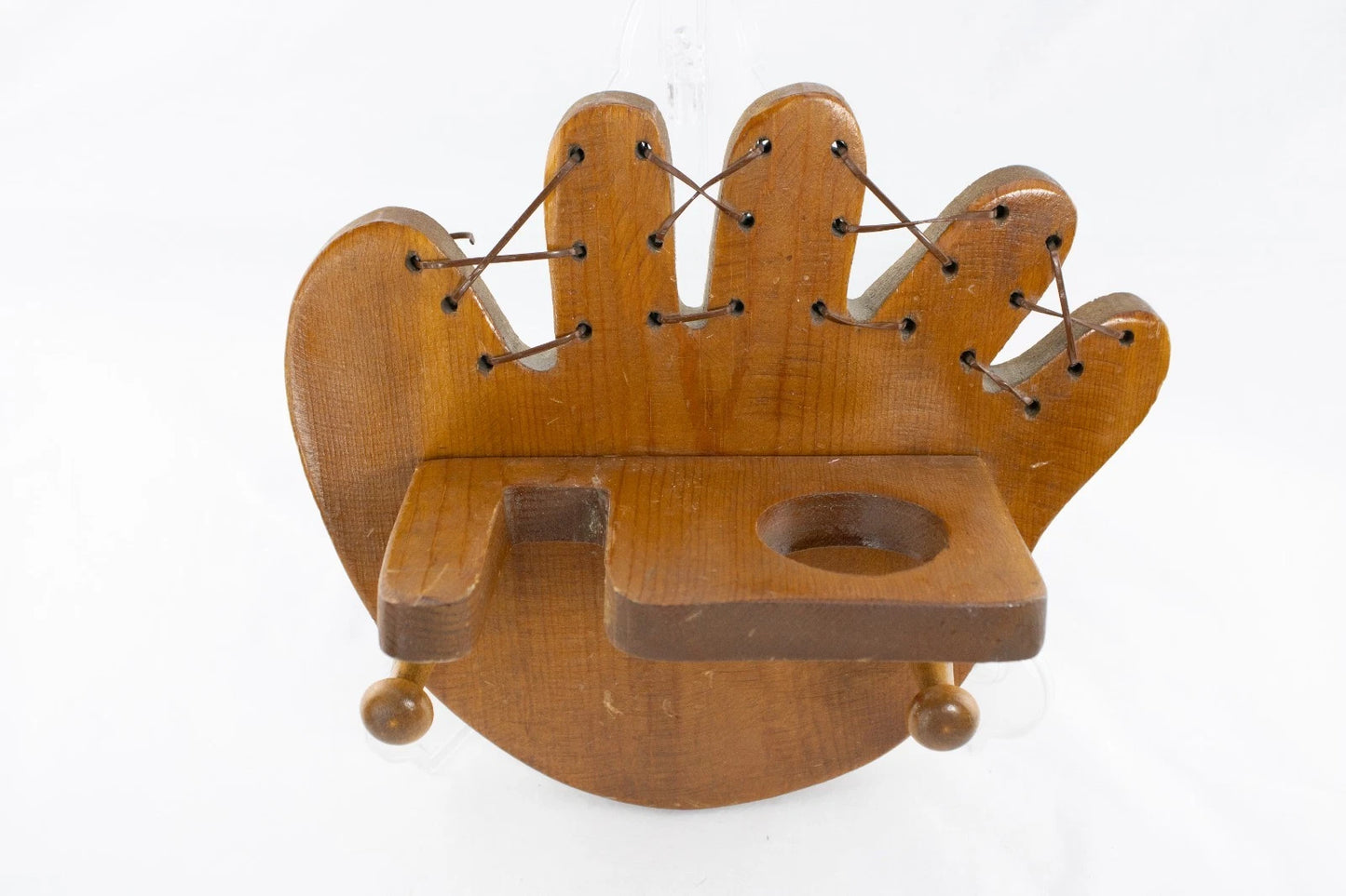 🧤 Vintage Baseball Glove Wall Shelf w/ Pegs & Mug Holder – Solid Wood Glove