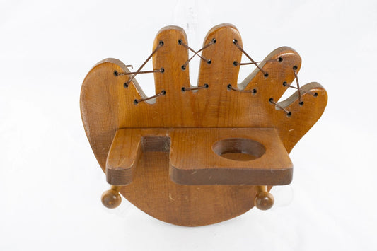 🧤 Vintage Baseball Glove Wall Shelf w/ Pegs & Mug Holder – Solid Wood Glove