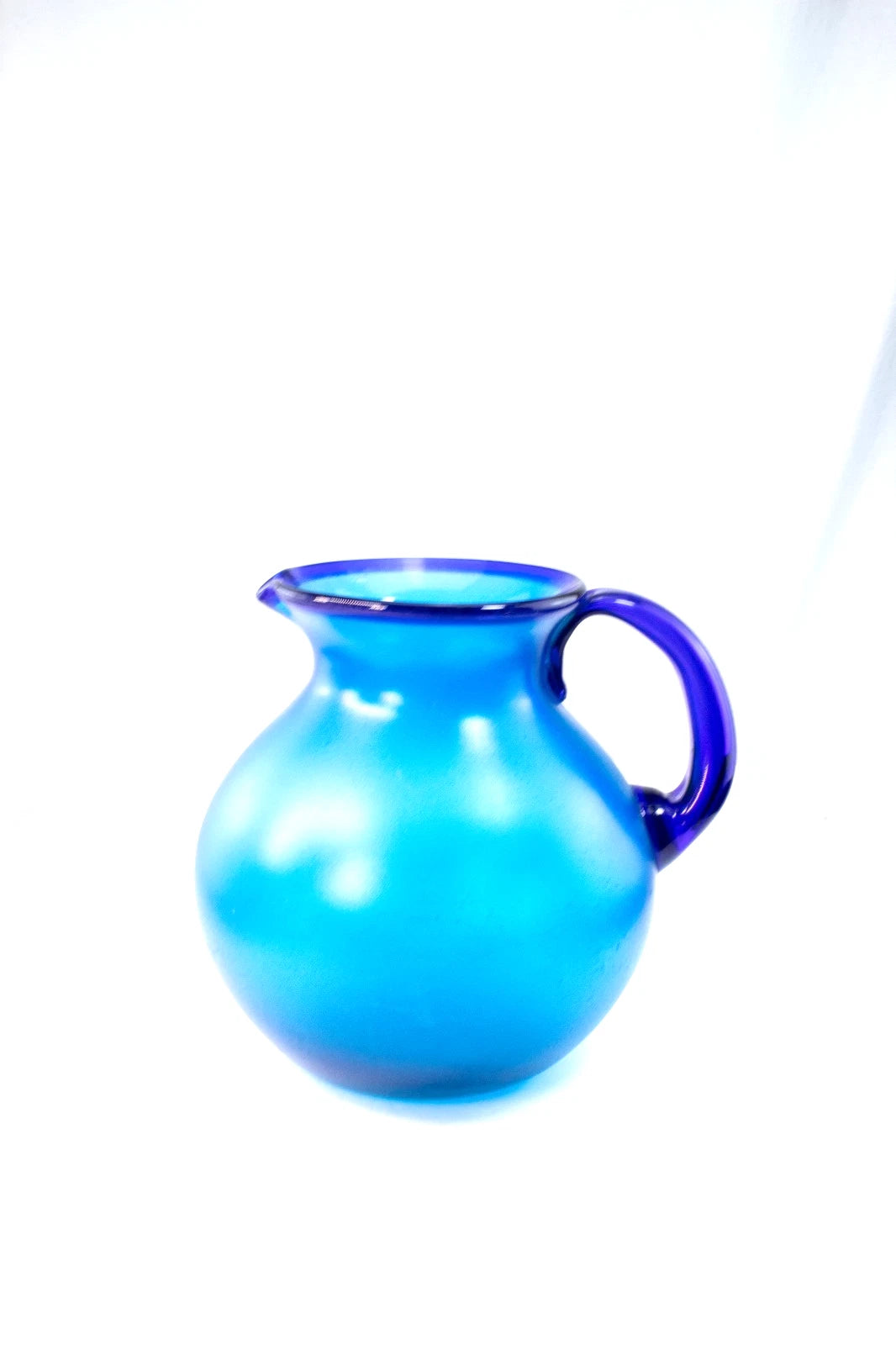 Vivid Cobalt Blue Hand-Blown Art Glass Pitcher / Vase — Frosted Finish, 10.5"