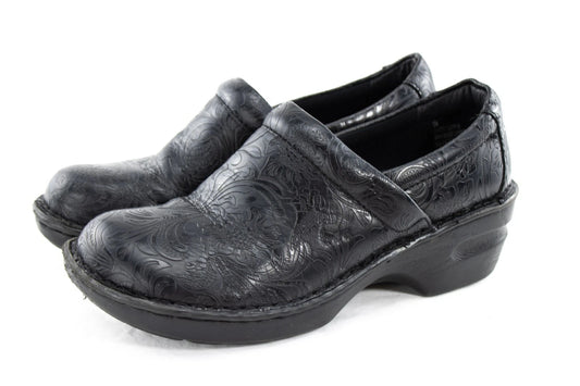 B.O.C. Tooled Black Leather Look Clogs – Women’s 9M Slip-On Comfort Work Shoes