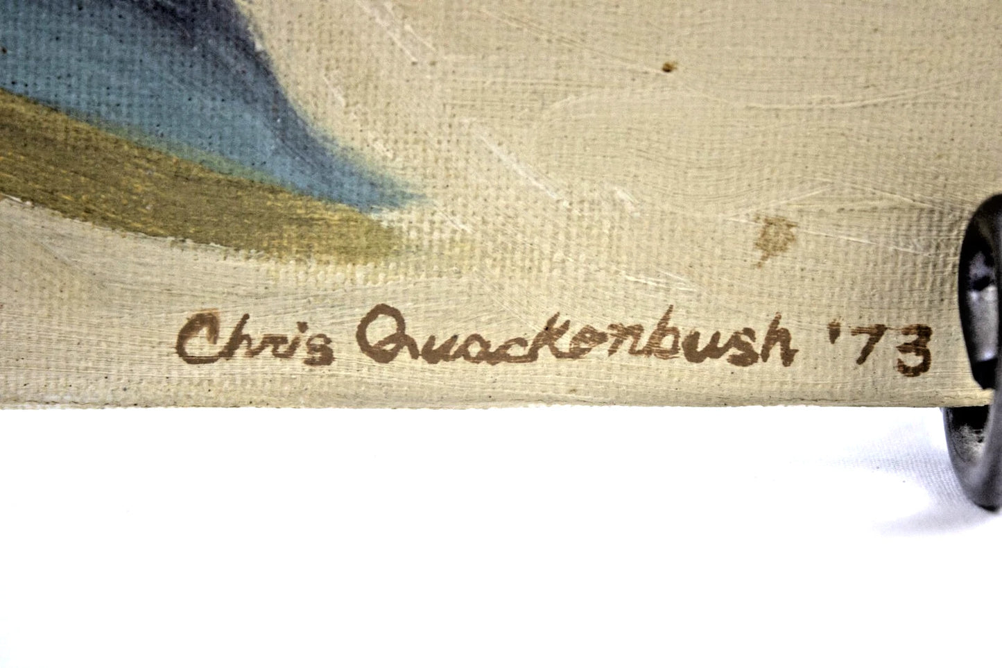 1973 Chris Quackenbush Signed Oil Painting – Still Life Apples & Mason Jar