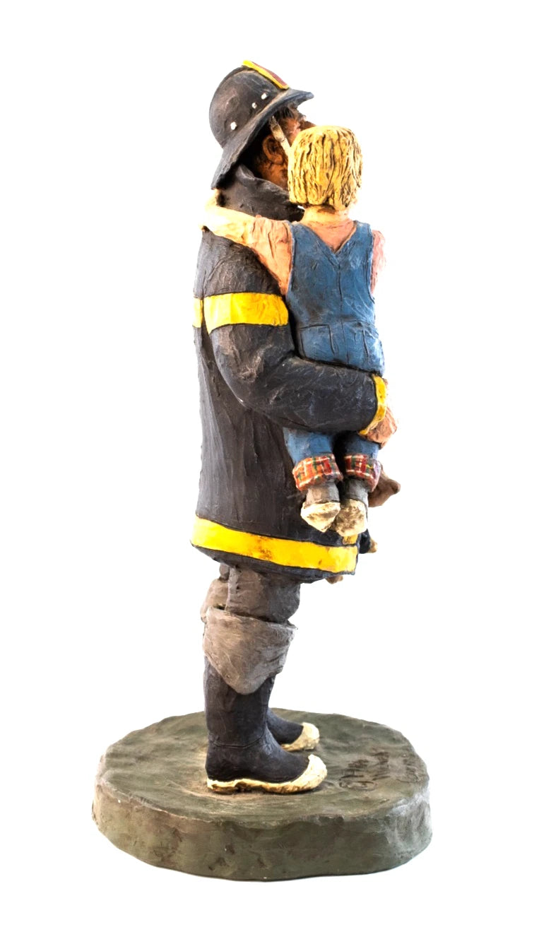 1986 Michael Garman Sculpture — “Firefighter with Child” — Heroic Americana Art