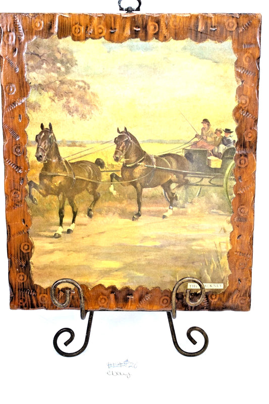 Vintage “The Hackney” Horse & Carriage Print on Wood – High-Stepper Horse Decor