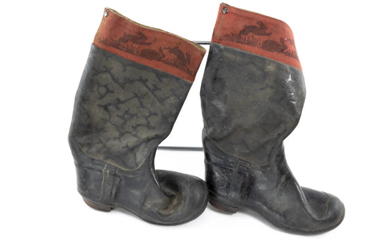 Vintage Kids Rubber Boots with Bunny Print – Black & Red Rain Boots