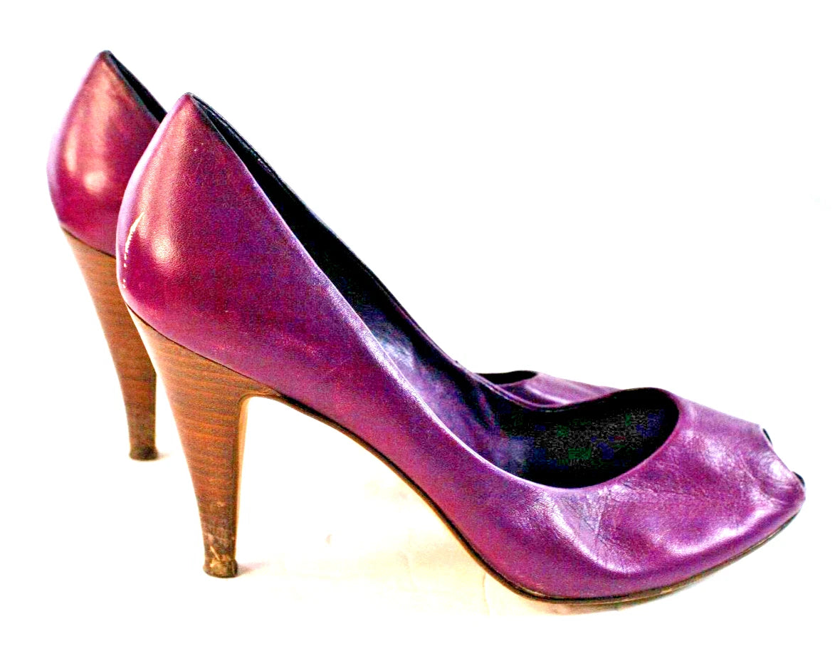 9 WEST “L-KRISTY” Heels – Plum Leather Peep Toe Pumps – Size 8M – Made in Brazil