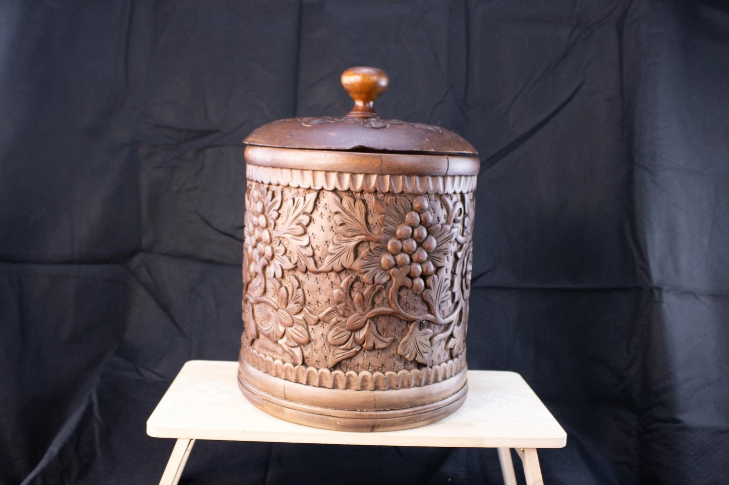 Vintage Hand-Carved Hardwood Floral Jar w/Lid Rustic Artistry from the Old World
