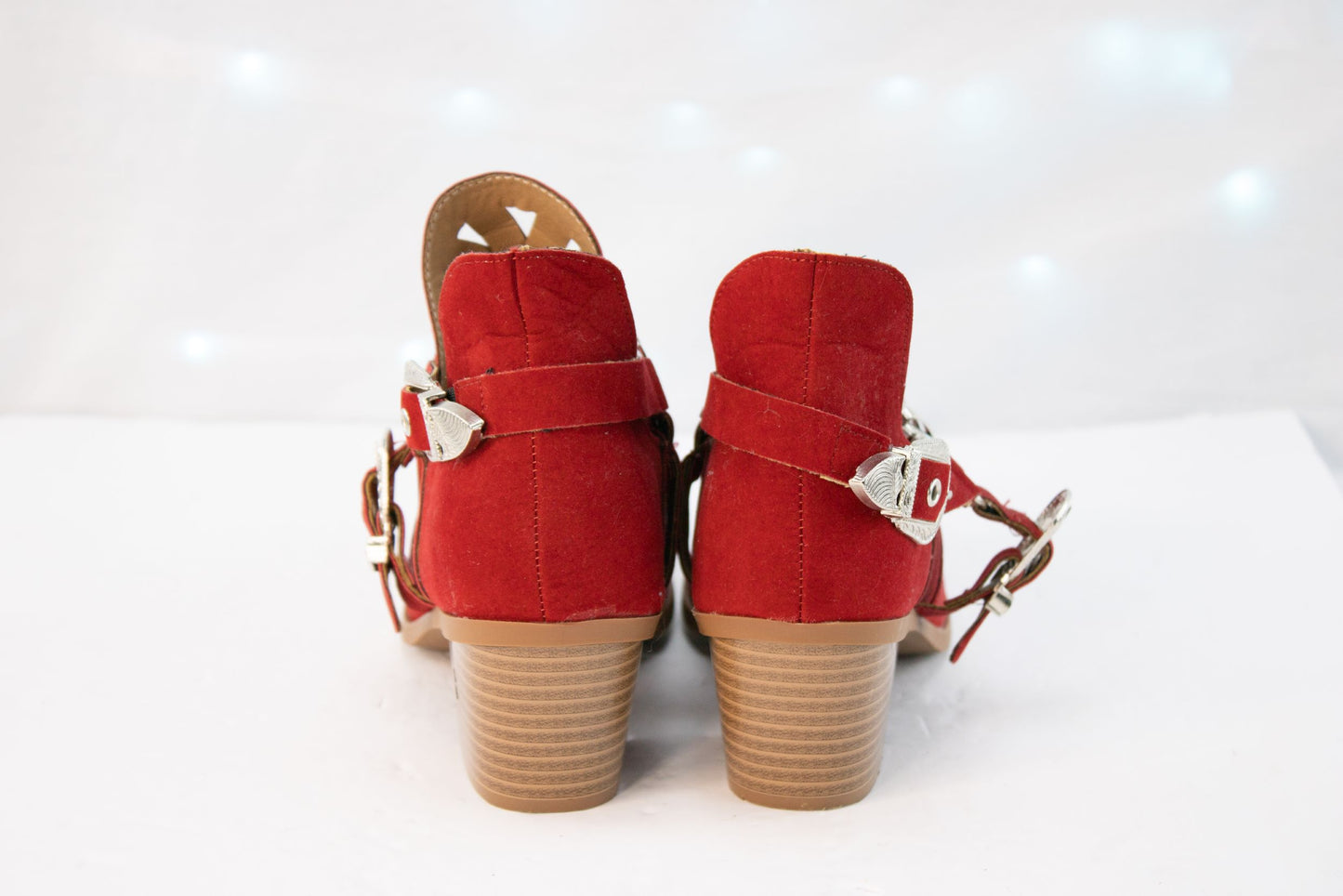 Red Studded Western Ankle Booties Womens 8 8.5 EU39 Suede Buckle Heel
