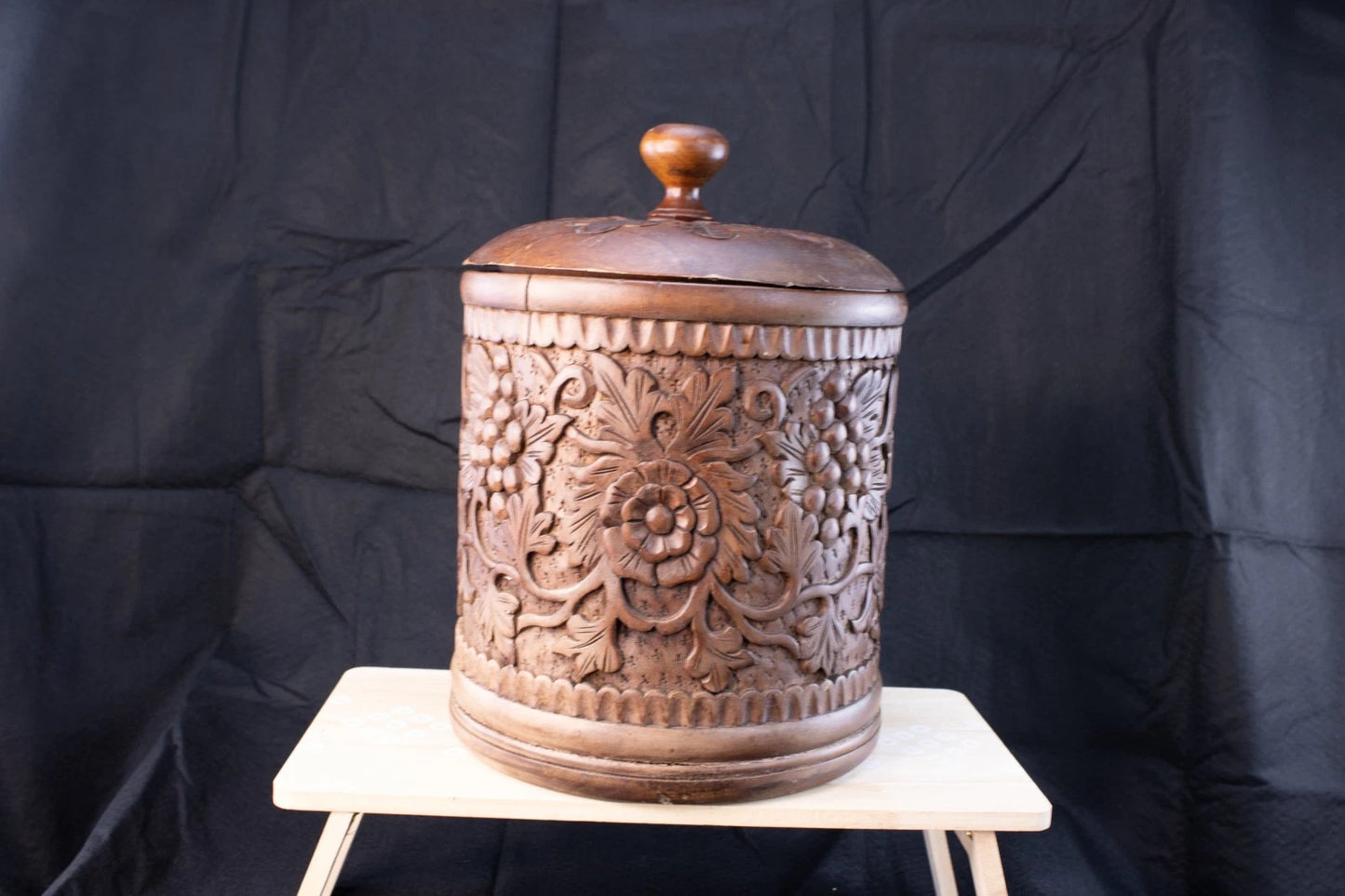 Vintage Hand-Carved Hardwood Floral Jar w/Lid Rustic Artistry from the Old World