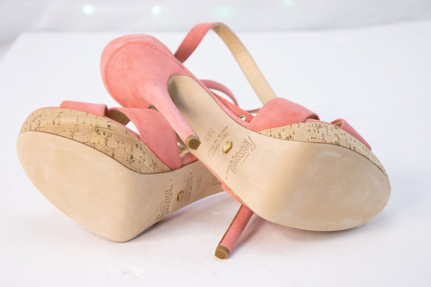 Jerome C Rousseau Zell Heels 38.5 Coral Suede Cork Platform Italy
