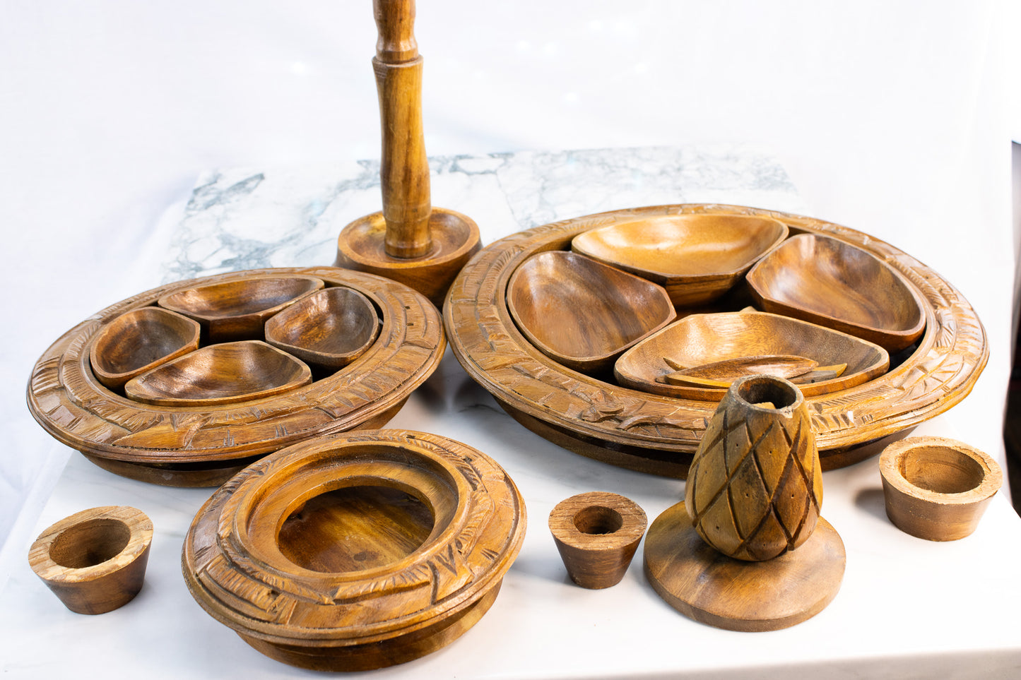 Vintage Hand-Carved Wooden Lazy Susan with Dual Spinning Tiers & Serving Bowls