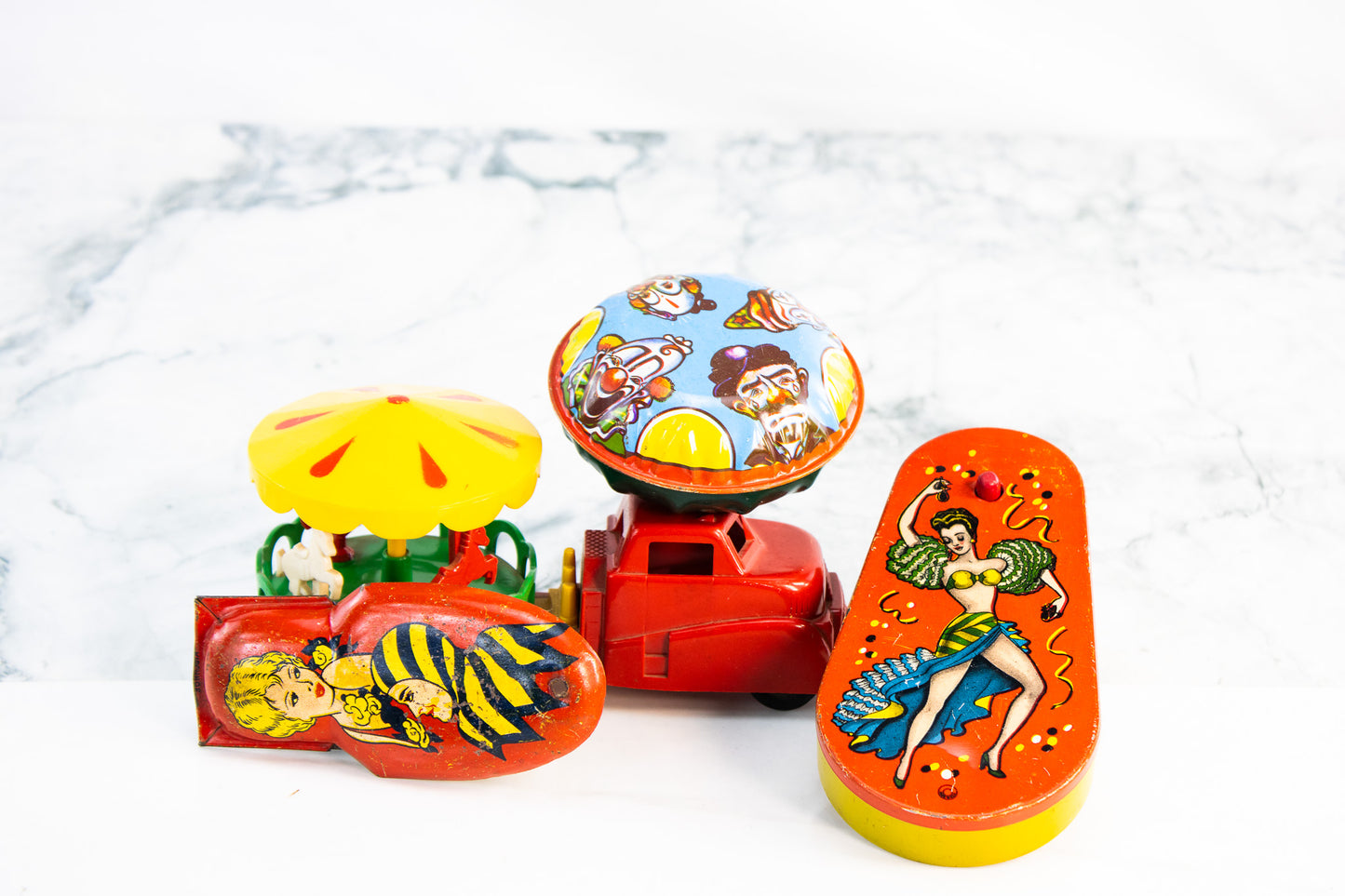 Vintage Tin Toy Lot Ohio Art Carousel Circus Clown Truck Carnival Toys