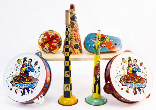 Vintage Tin Toy Instrument Lot – Circus & Carnival Noisemakers (1930s–1950s)