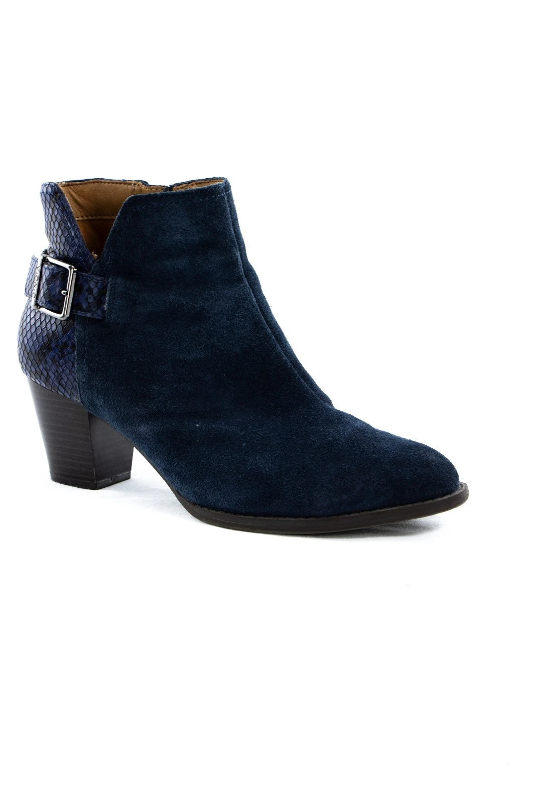 Vionic Navy Suede & Snake Print Ankle Booties – Women’s 8.5M Block Heel Zip Boot