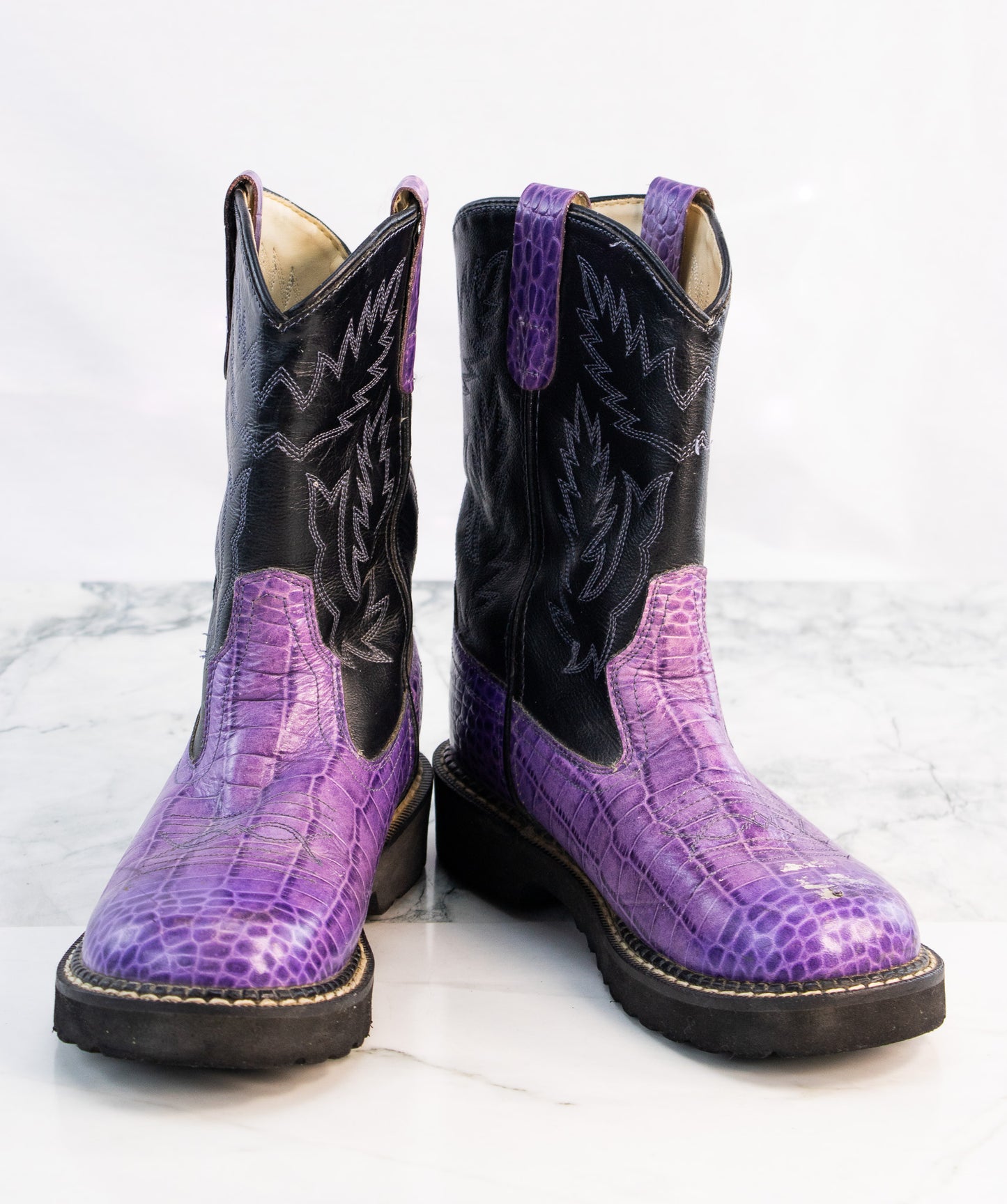 Old West Youth Cowboy Boots Purple Croc Print Black Western Y4