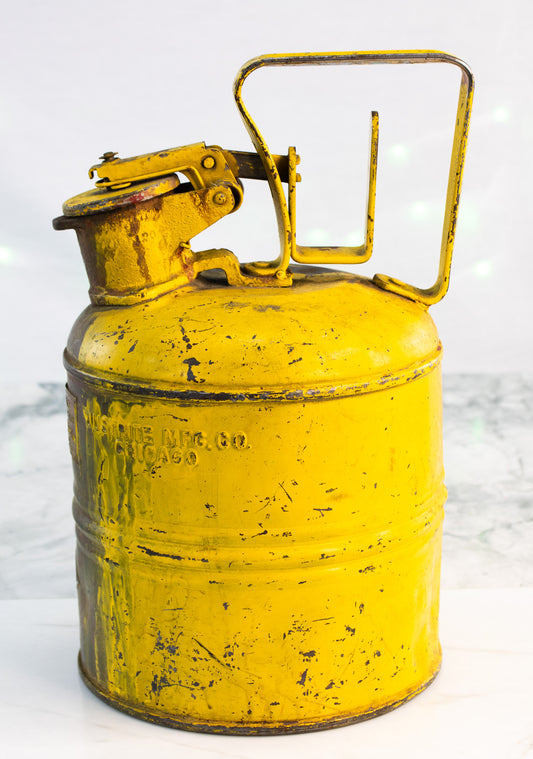 Vintage Justrite Safety Can – Chicago Industrial Metal Fuel Can, Yellow, Mid-Century
