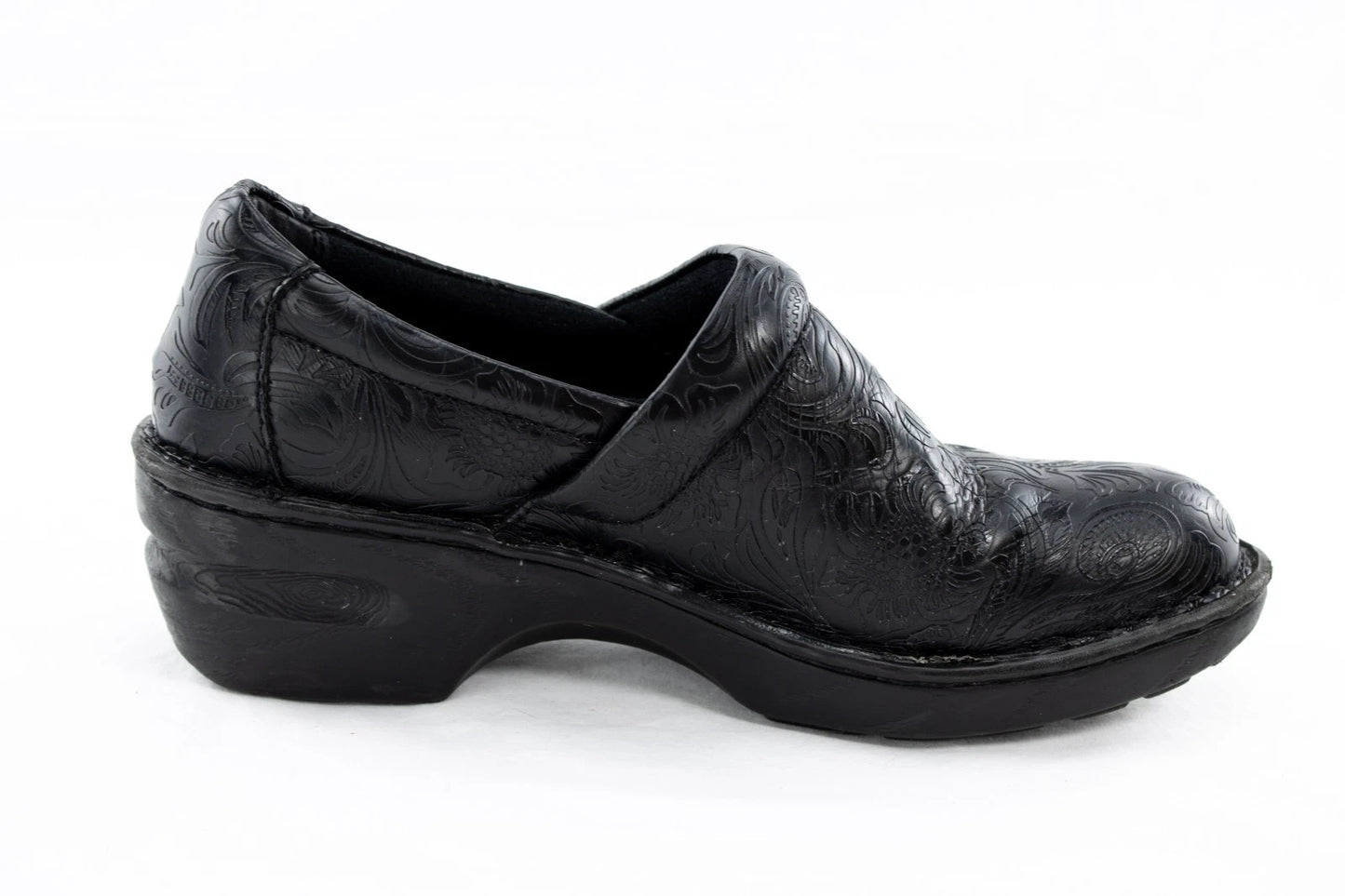 B.O.C. Tooled Black Leather Look Clogs – Women’s 9M Slip-On Comfort Work Shoes