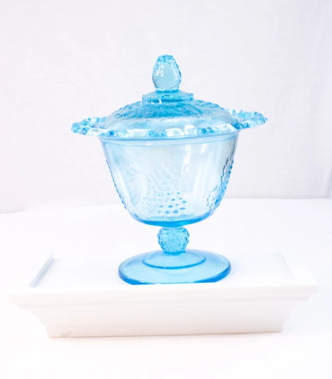 Vintage Aqua Blue Glass Compote with Lid – Harvest Grape Pattern Pedestal Candy