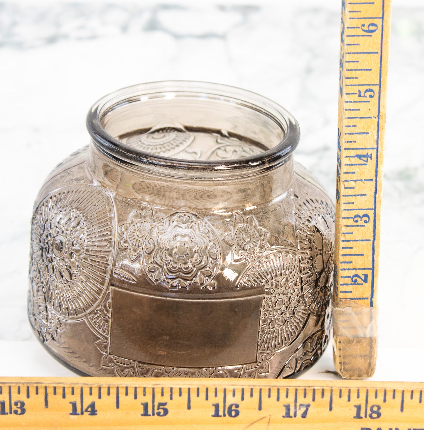 Smoke Glass Vase Embossed Boho Jar Floral Medallion Decor