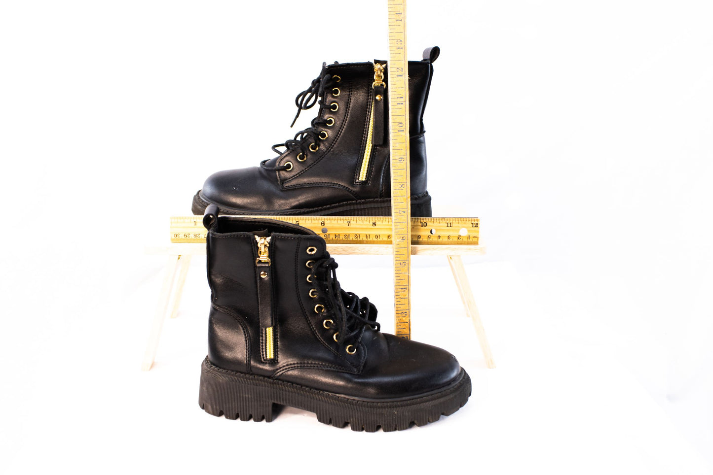 Black Leather Combat Boots Womens EU 38 US 7 Lace Up Lug Sole Zipper