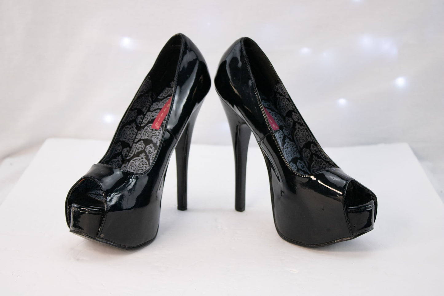 Bordello Black Patent Platform Peep Toe Stiletto Heels Womens