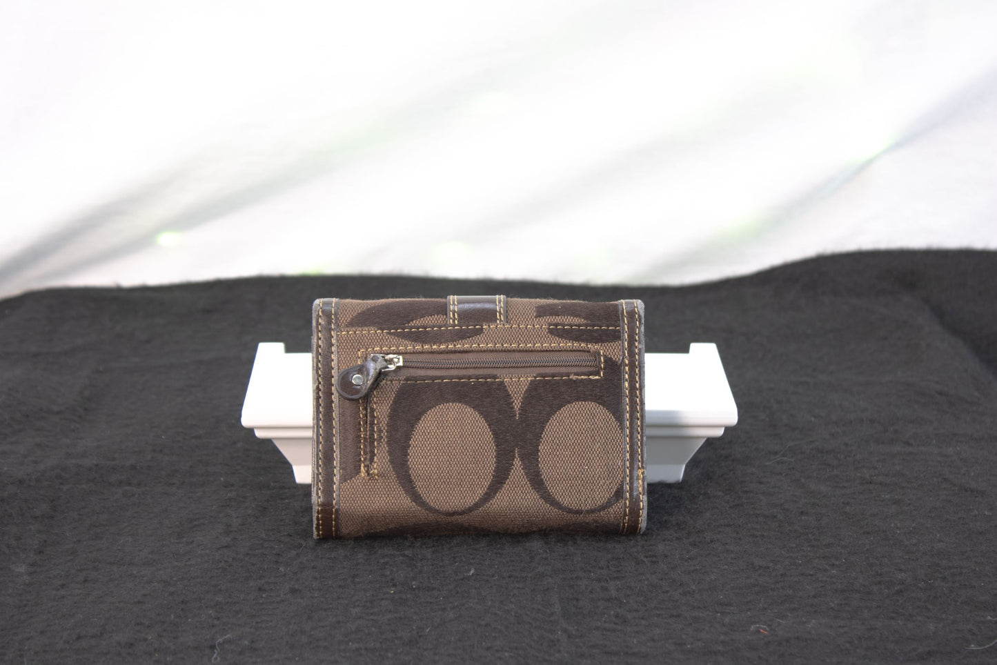 Coach Brown Signature C Trifold Wallet Buckle Strap Zip Coin Pocket
