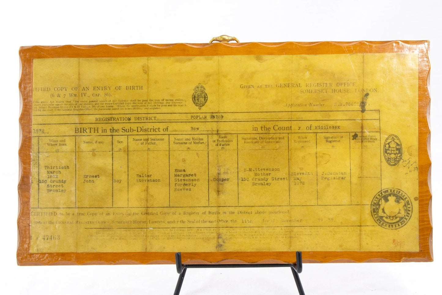 Mounted 1872 British Birth Record – Somerset House Facsimile on Wood | Rustic UK