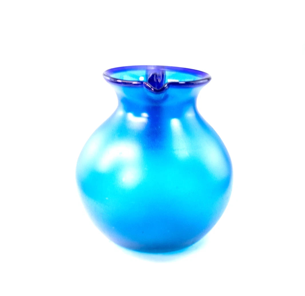 Vivid Cobalt Blue Hand-Blown Art Glass Pitcher / Vase — Frosted Finish, 10.5"