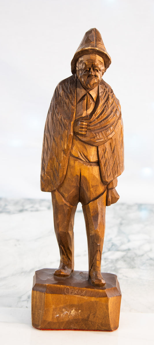 Signed Hand Carved Wooden Folk Art Man Vintage Cloaked Figure Sculpture