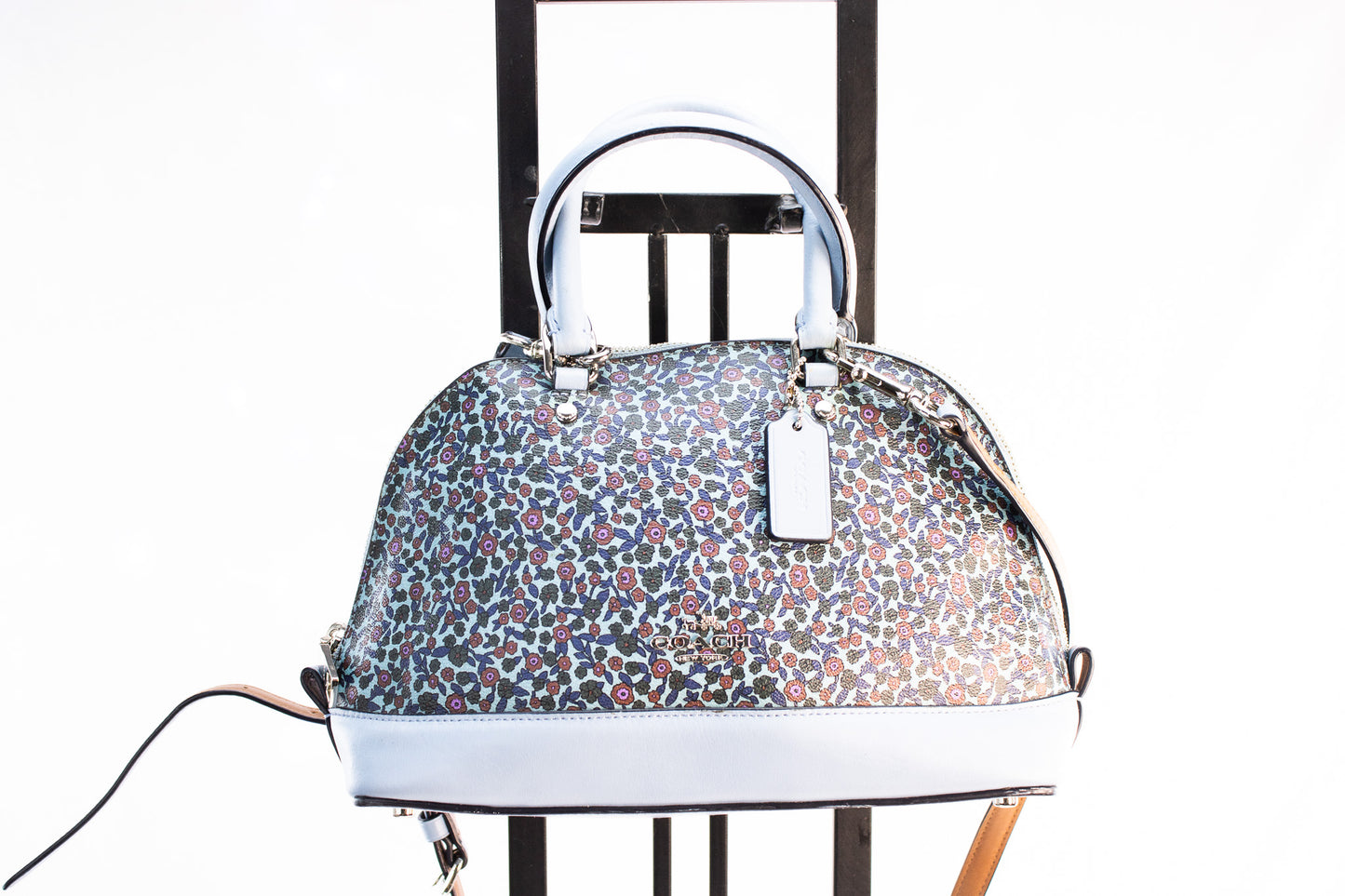 Coach Floral Dome Satchel – Light Blue Leather Crossbody Handbag