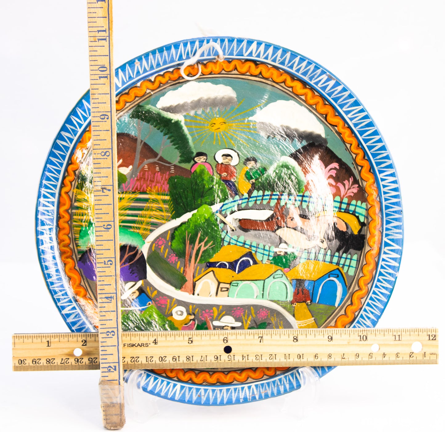 Hand Painted Folk Art Ceramic Plate Village Scene Colorful Wall Decor