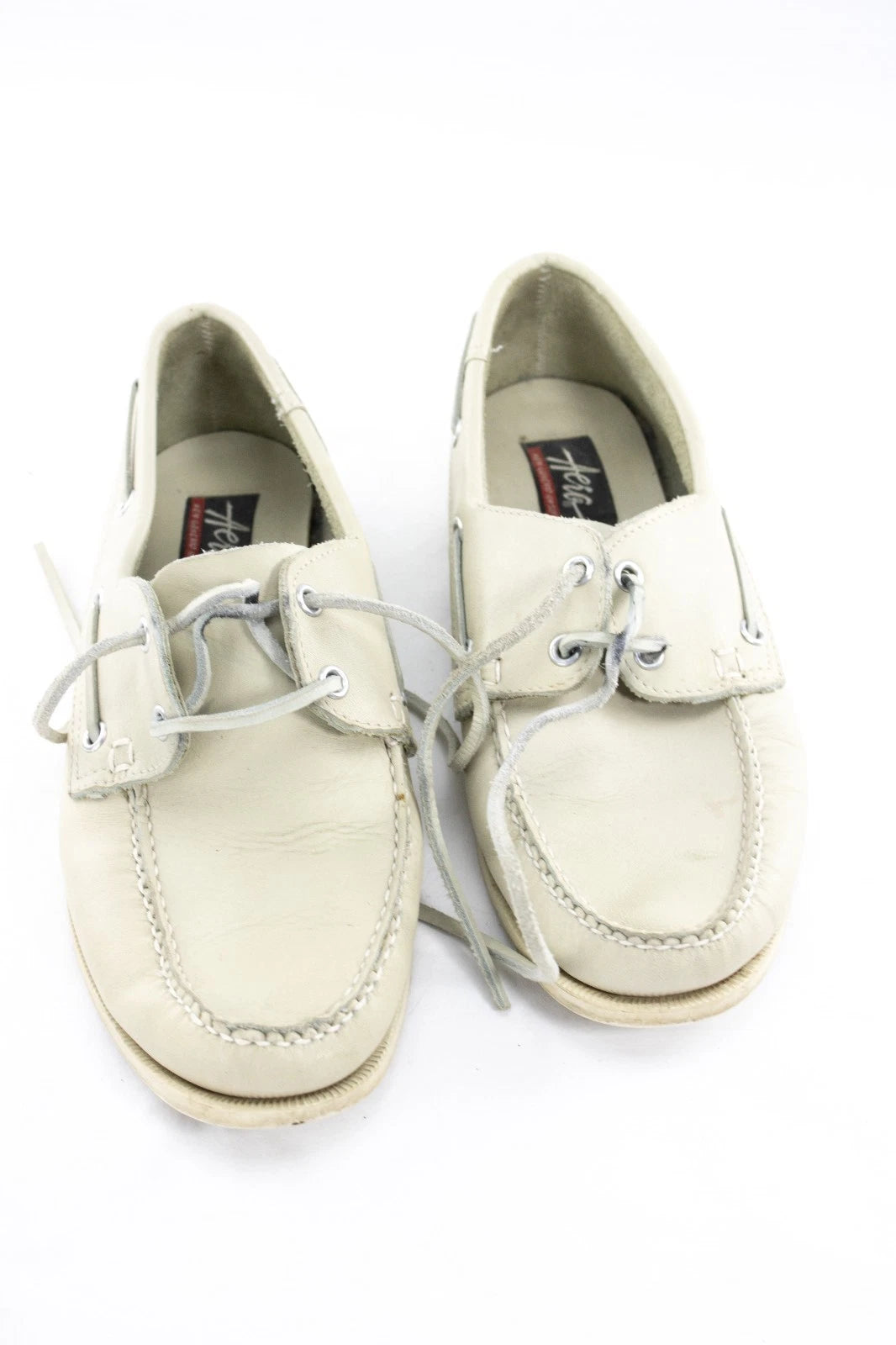 Vintage Aero Off-White Leather Deck Shoes | Men's Hand Sewn Boat Shoes Size 9.5