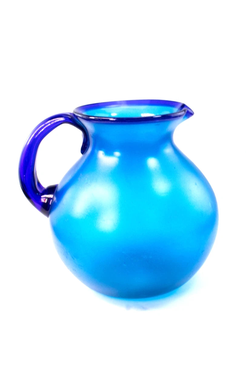 Vivid Cobalt Blue Hand-Blown Art Glass Pitcher / Vase — Frosted Finish, 10.5"