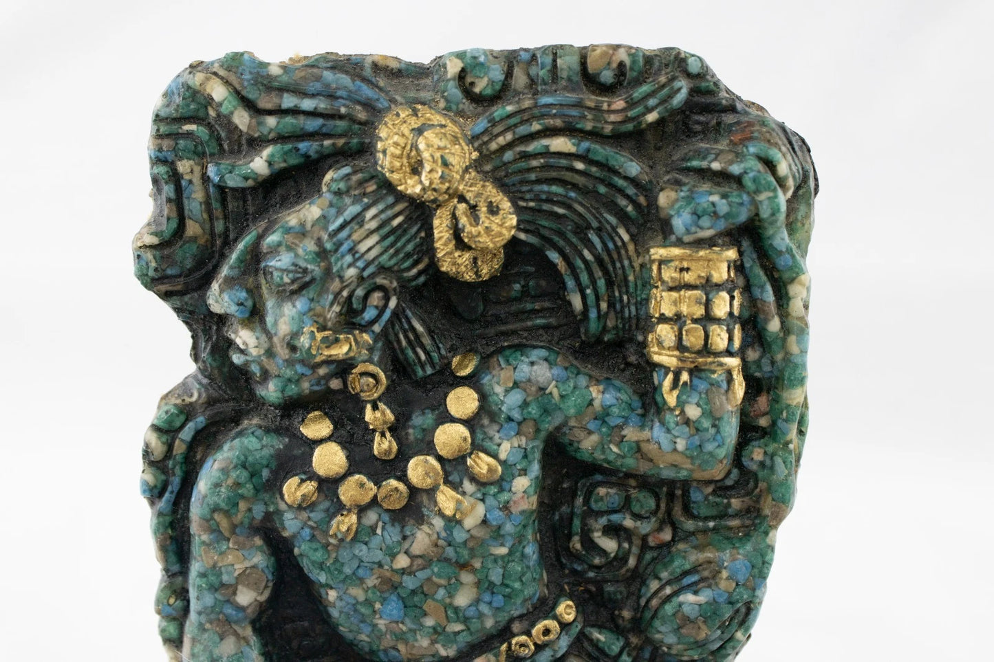 Mayan Mosaic Warrior Wall Plaque – Crushed Turquoise Stone & Gold Accents