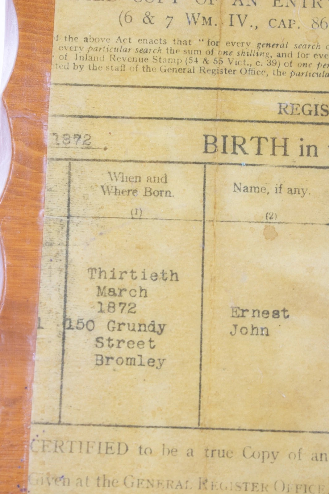 Mounted 1872 British Birth Record – Somerset House Facsimile on Wood | Rustic UK
