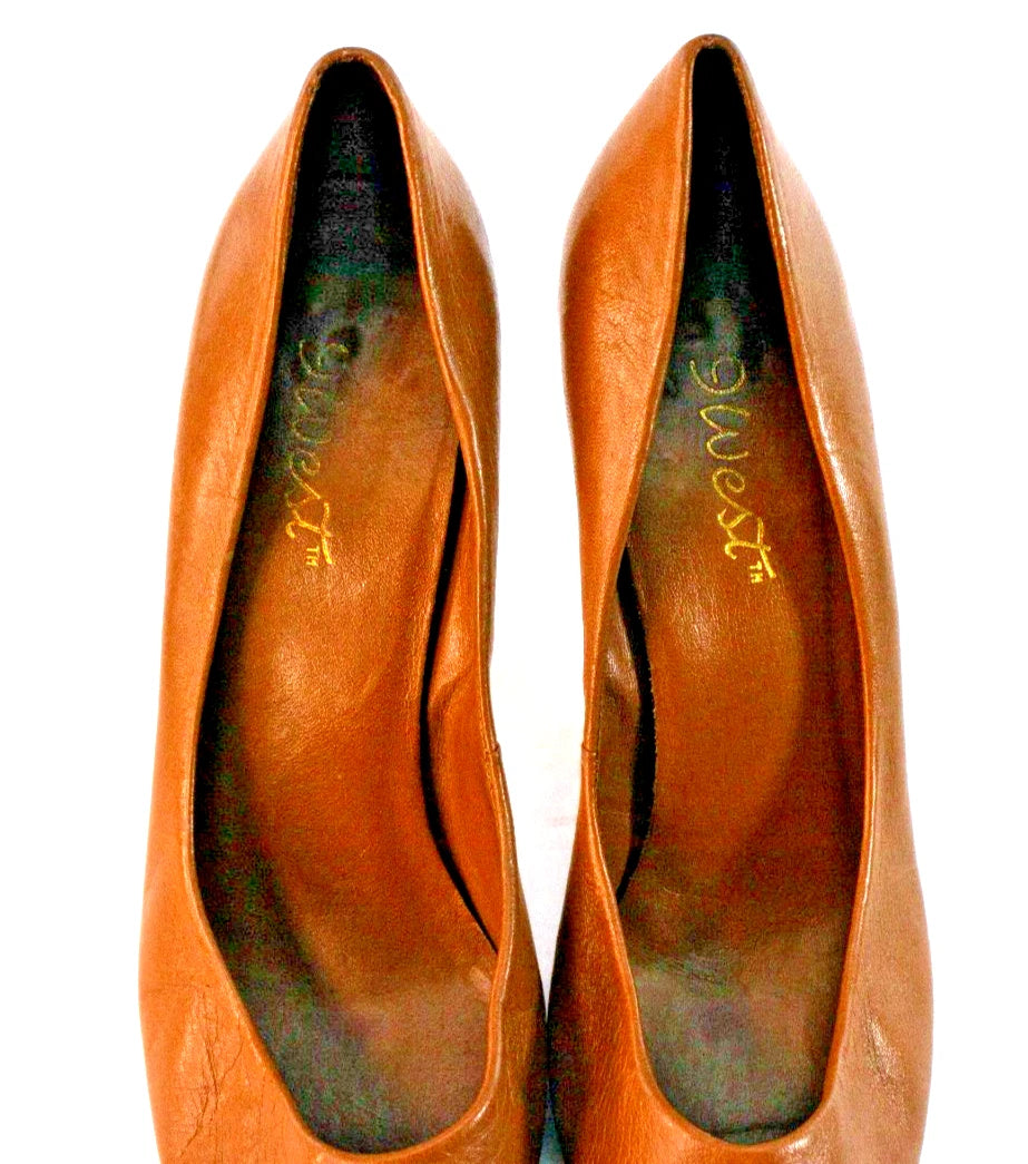9 West “Kristy” Peep-Toe Heels – Caramel Brown Leather – Size 8M Made in Brazil