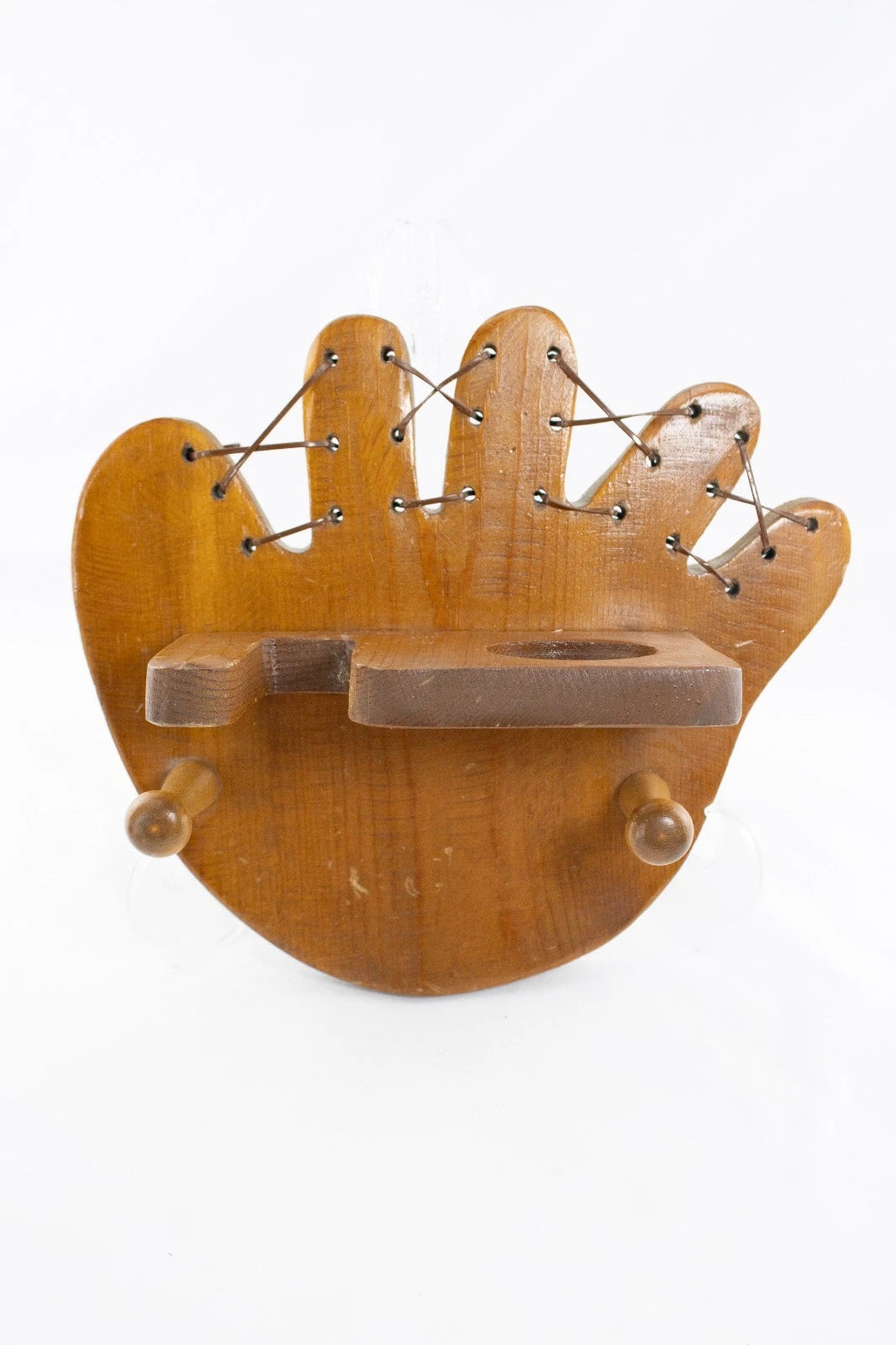 🧤 Vintage Baseball Glove Wall Shelf w/ Pegs & Mug Holder – Solid Wood Glove