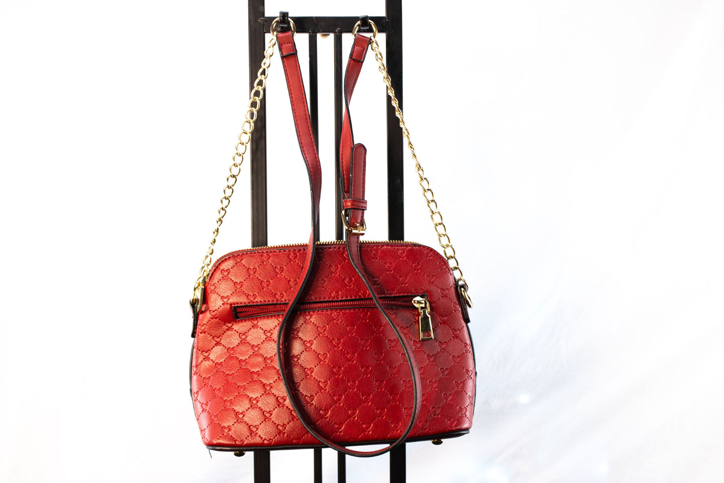 Red Quilted Bee Embellished Crossbody Bag Gold Chain Strap