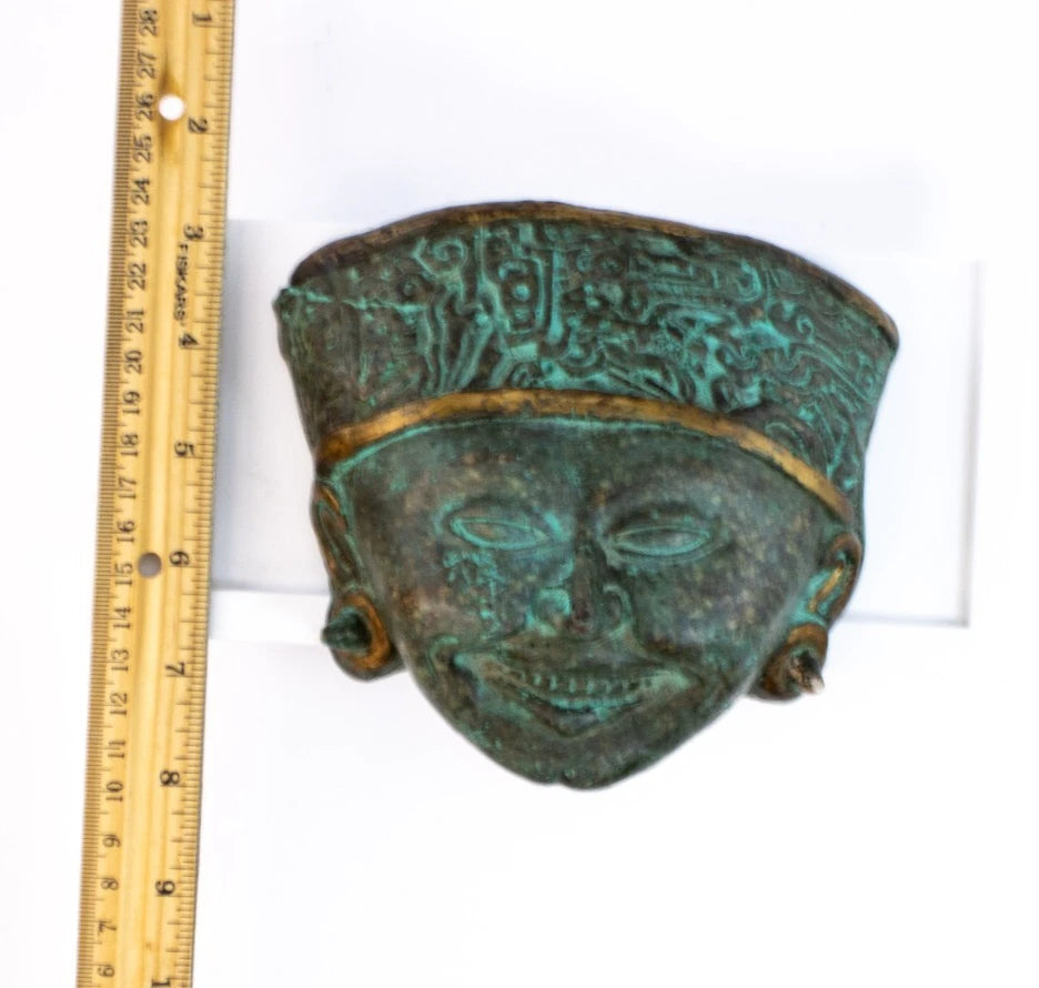 Vintage Verdigris Bronze-Finish Mask Sculpture – Ancient Style Smiling Face