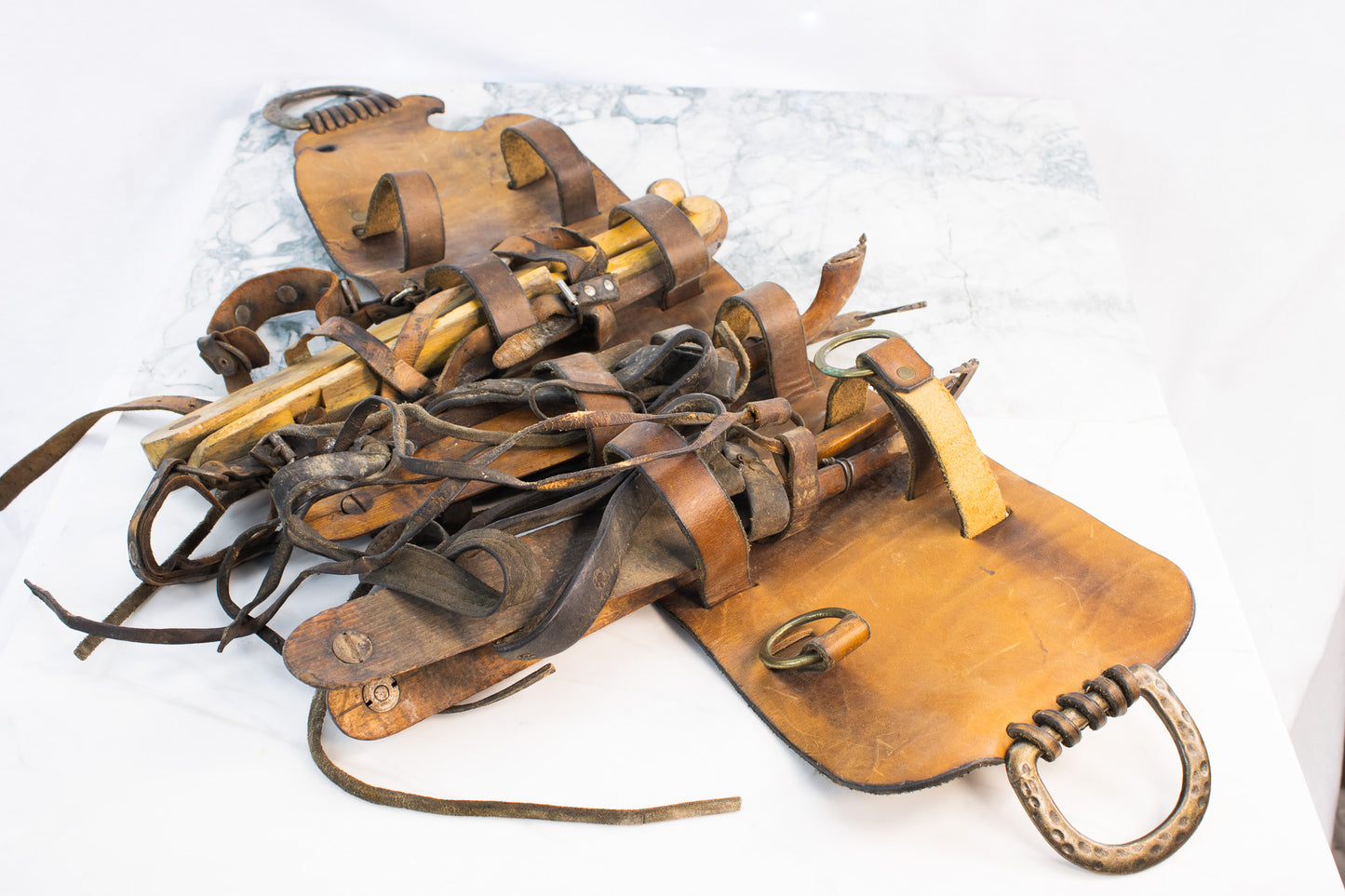 Antique Strap-On Ice Skates Set w/ Leather Carrier – c. 1880–1915
