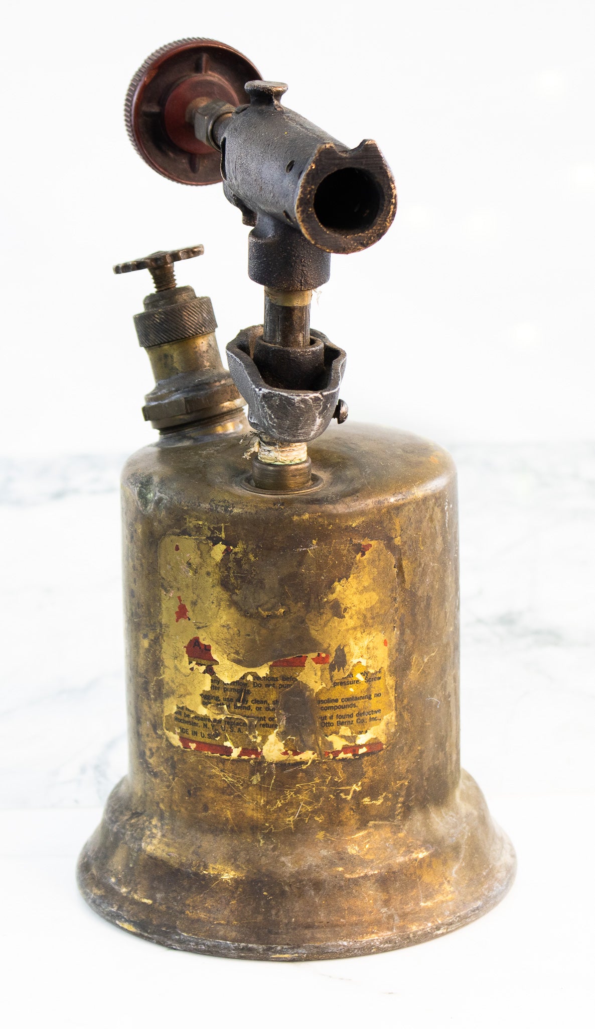 Antique Brass Blowtorch Gasoline Torch w Wood Handle Otto Bernz Era
