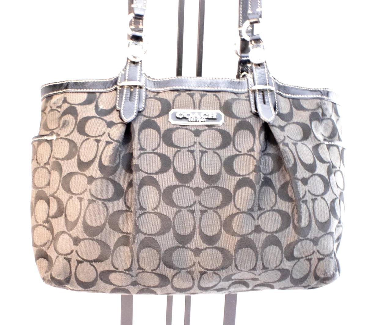 Coach F15141 Signature Stripe Tote – Black Patent Trim, Blue Lining