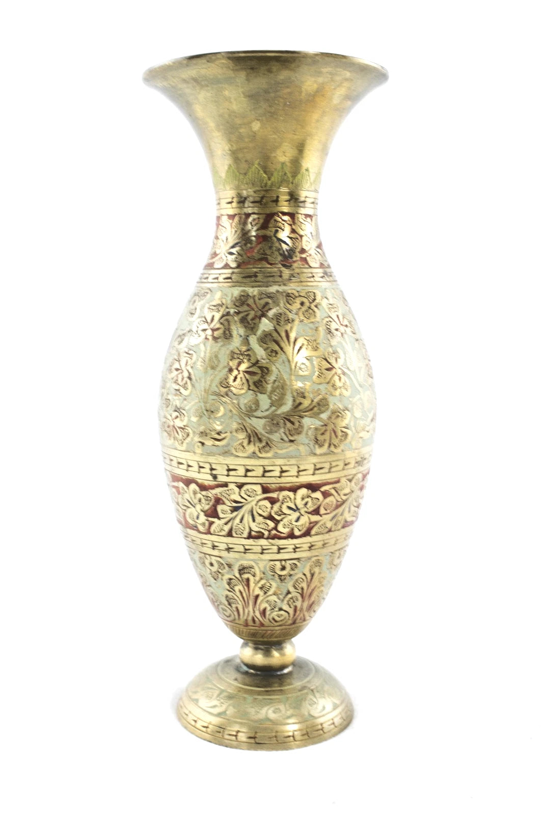 🏺 Vintage Brass Vase from India | Etched & Enamel Floral | 10” Tall Ornate
