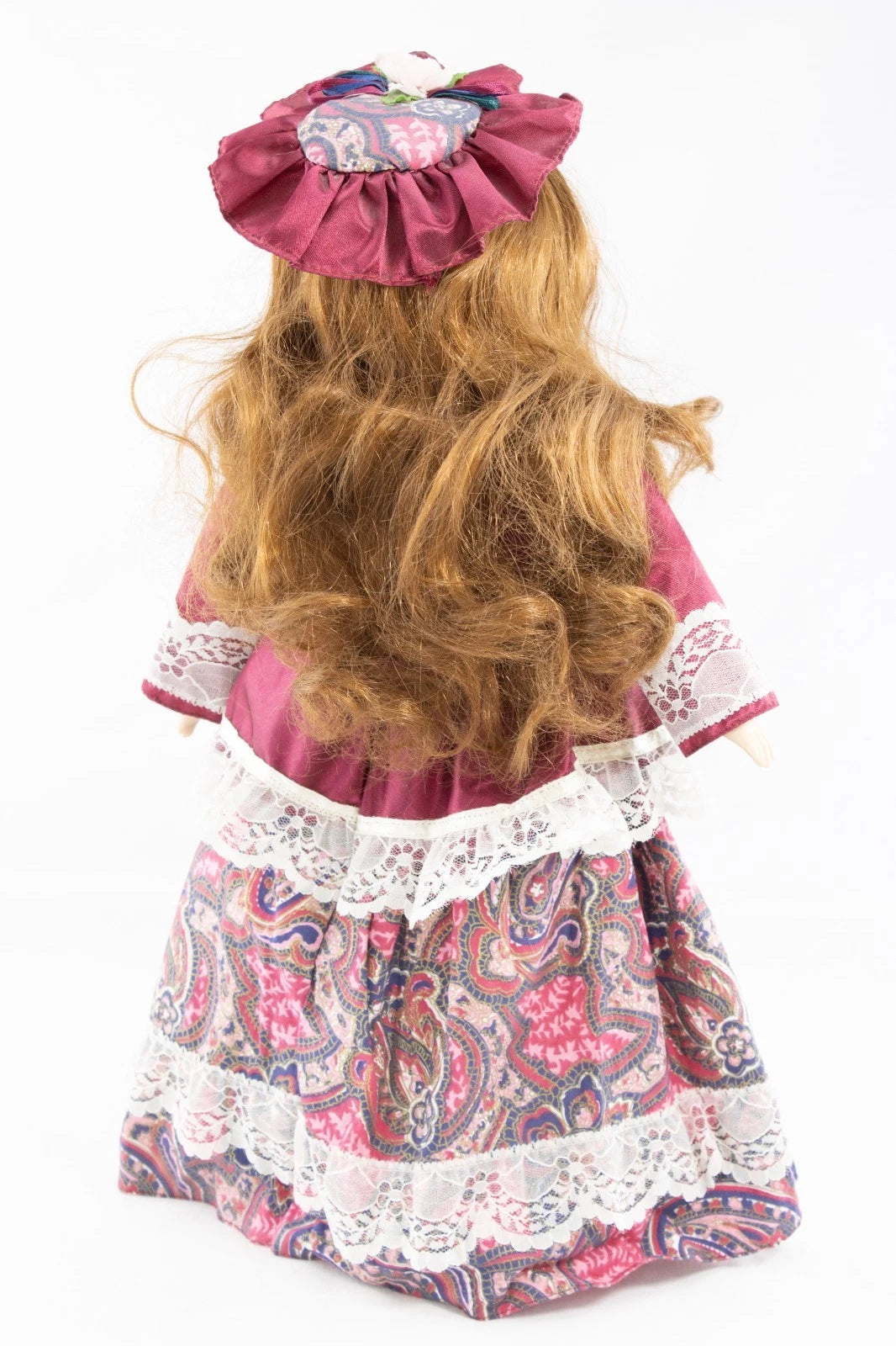 Vintage Porcelain Doll • Burgundy Paisley Dress • Victorian Lace Style • 16"