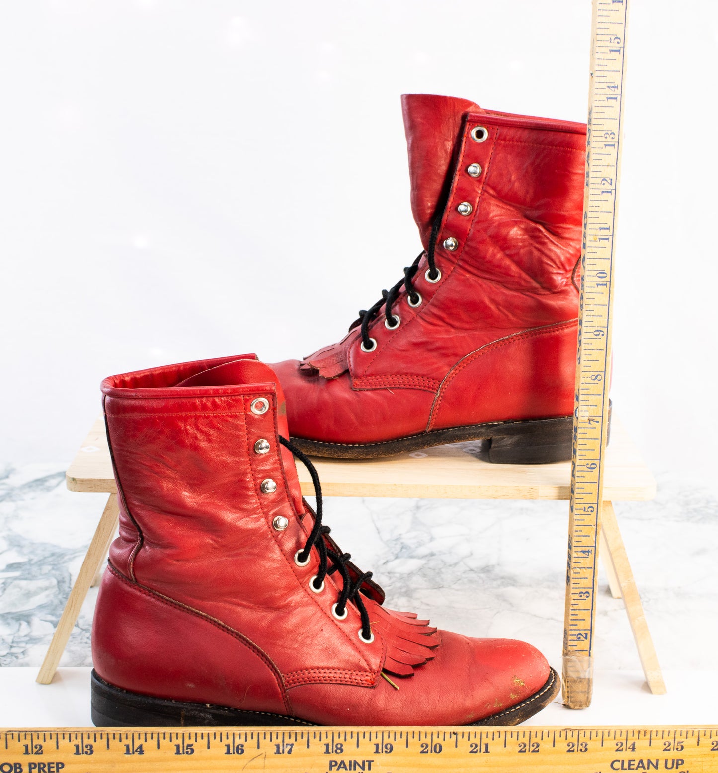 Vintage Justin Red Lace Up Boots Womens 6.5 Fringe Leather USA